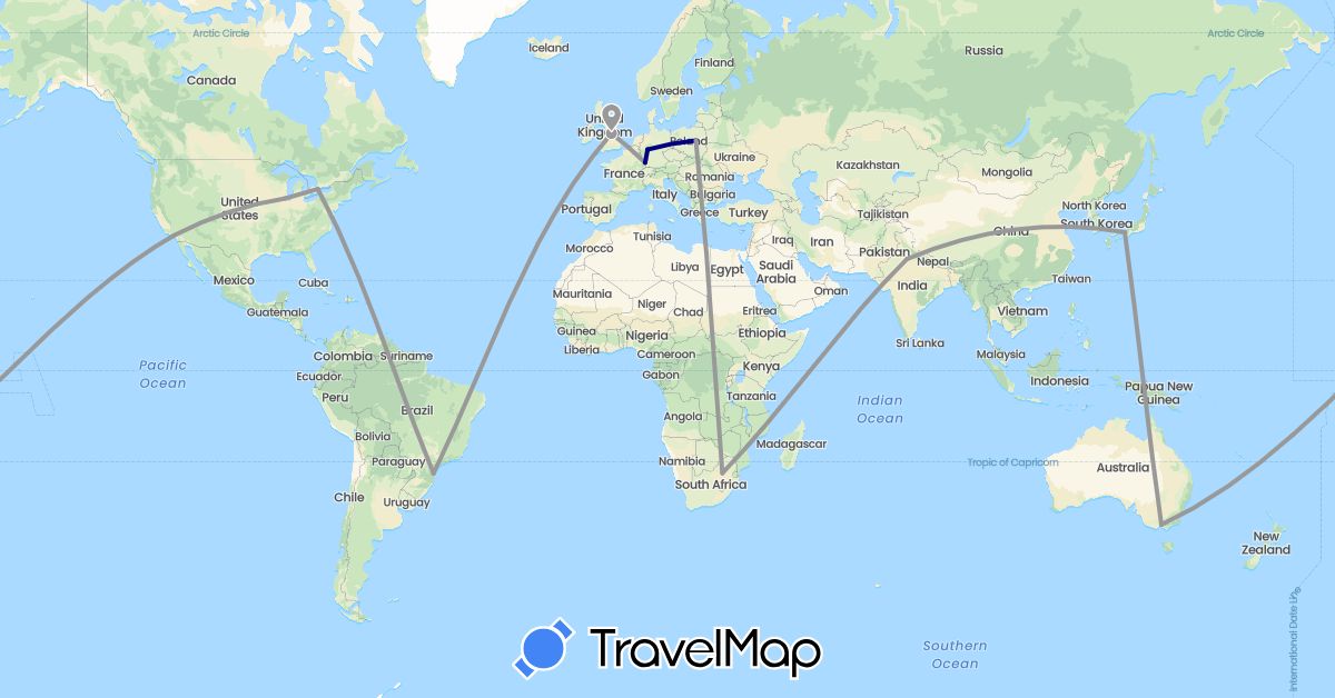 TravelMap itinerary: driving, plane in Australia, Brazil, Canada, Germany, France, United Kingdom, India, Japan, Poland, United States, South Africa (Africa, Asia, Europe, North America, Oceania, South America)